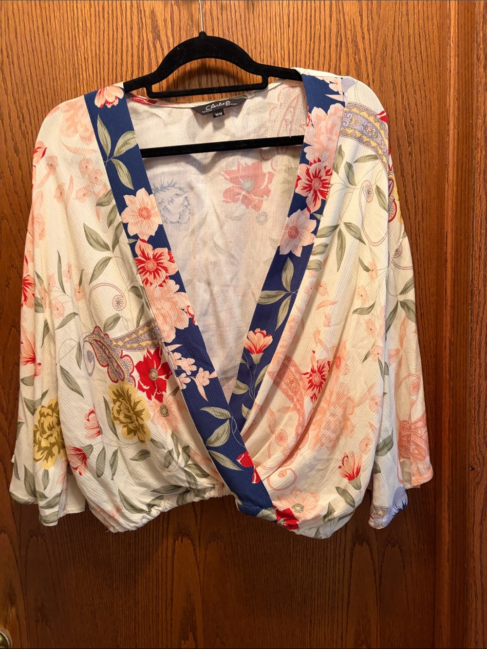 CHARLIE B Cream Floral Wrap Top with Pink and Blue Accents